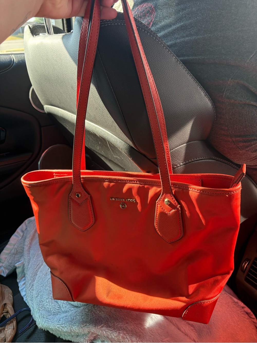 Michael Kors Bright Orange Nylon Tote with Leather Trim